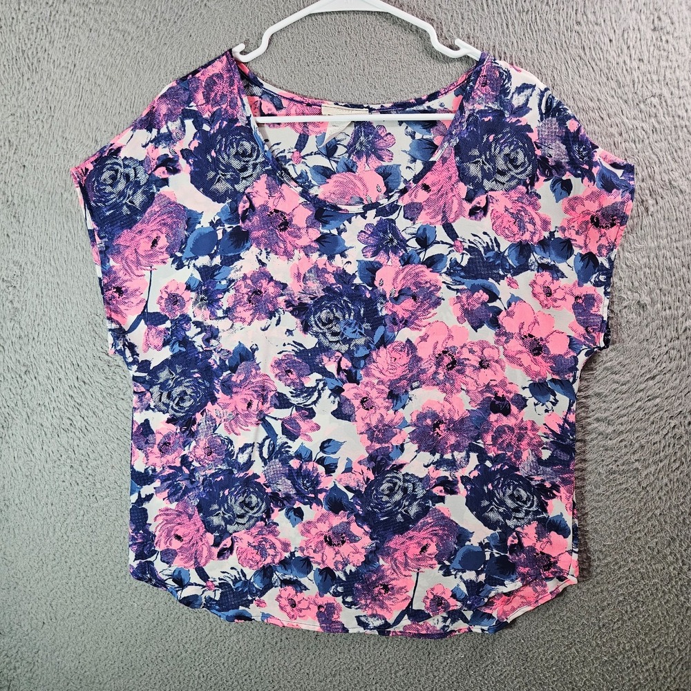 Poetry Top Blouse Women XL Floral Print Comfy White Navy Neon Pink